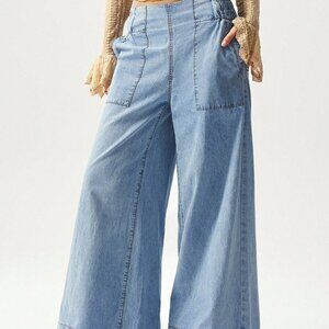 Blue Casual Women's Woven Denim Wide Leg Loose Pants